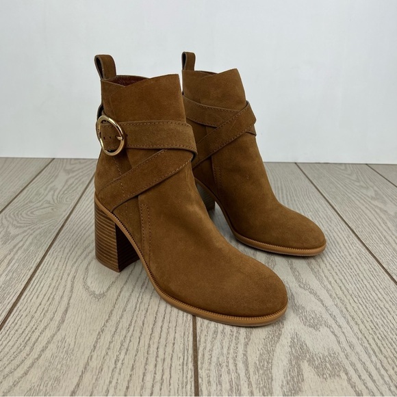See by Chloé Suede Buckle Ankle Booties 38 Tobacco (Tan) & Goldtone Metal $525 - Picture 1 of 9